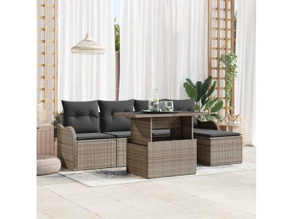 Sada zahradních pohovek s polštářem 6 pcs Šedá Poly ratan 3348445