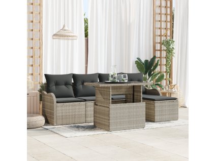 6dílná sada zahradního sofa s polštáři světle šedý poly ratan 3348448