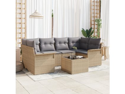 7dílný zahradní sofa set s polštáři béžový poly ratan 3353929