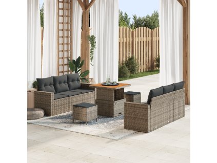 9 kusová zahradní sada sofa s polštáři šedá poly ratan akácie 3361568