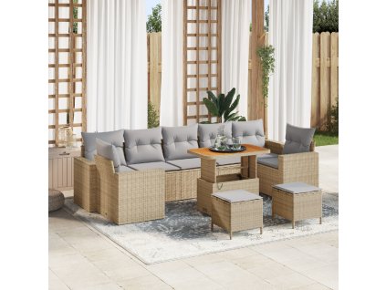 10dílný zahradní sofa set s polštáři v béžovém poly rataně a akácií 3361602