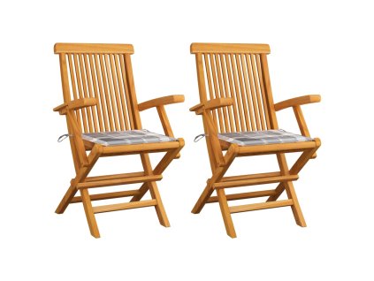 Zahradní židle s šedými károvanými poduškami 2 ks masivní teak 3062501