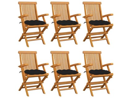 Zahradní židle s černými poduškami 6 ks masivní teak 3062563