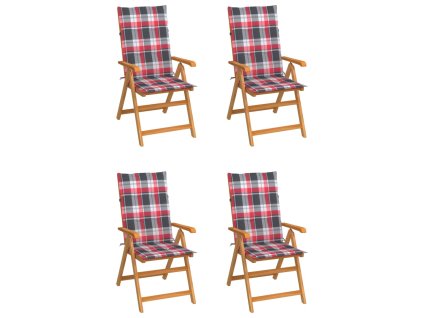 Zahradní židle 4 ks červené kárované podušky masivní teak 3065543