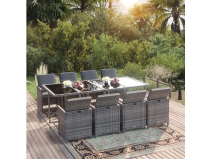 9dílný zahradní jídelní set s poduškami polyratan šedý 3095563