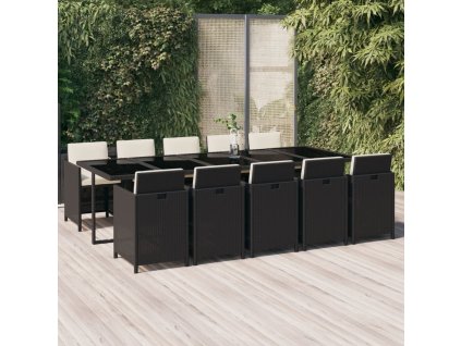 11dílný zahradní jídelní set s poduškami polyratan černý 3095584