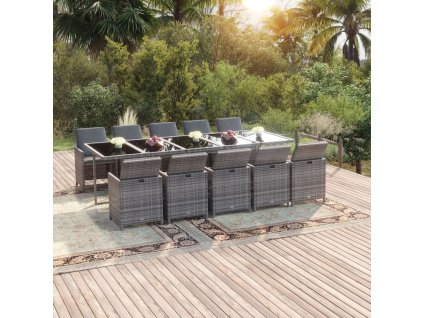 11dílný zahradní jídelní set s poduškami polyratan šedý 3095590