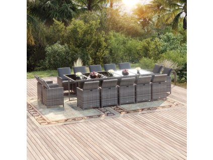 15dílný zahradní jídelní set s poduškami polyratan šedý 3095591