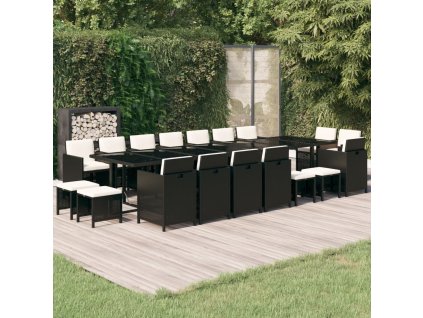 19dílný zahradní jídelní set s poduškami polyratan černý 3095642