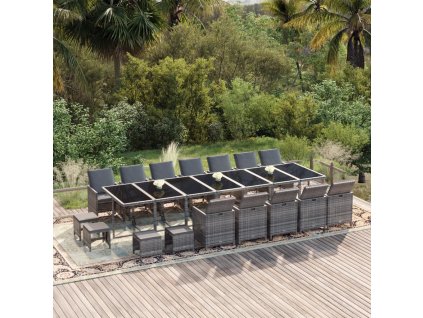 21dílný zahradní jídelní set s poduškami šedý polyratan 3095673