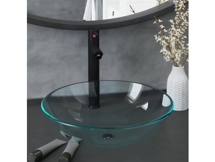 Koupelnové umyvadlo s baterií a výpustí průhledné tvrzené sklo 3098440