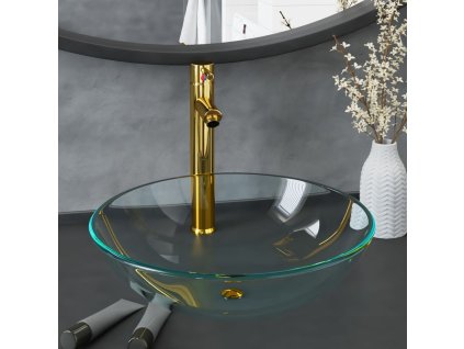 Koupelnové umyvadlo s baterií a výpustí průhledné tvrzené sklo 3098441