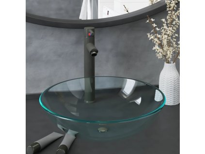 Koupelnové umyvadlo s baterií a výpustí průhledné tvrzené sklo 3098442