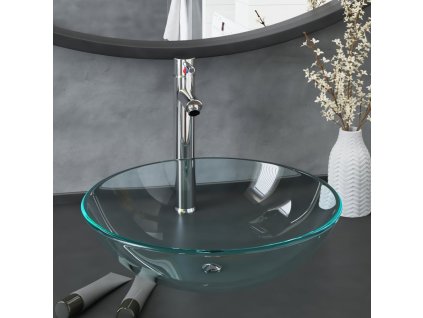 Koupelnové umyvadlo s baterií a výpustí průhledné tvrzené sklo 3098443