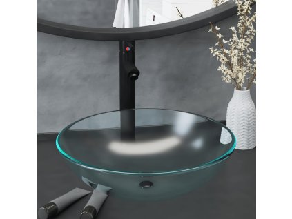 Koupelnové umyvadlo s baterií a výpustí mléčné tvrzené sklo 3098445