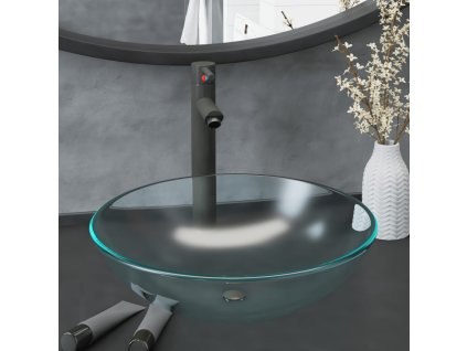 Koupelnové umyvadlo s baterií a výpustí mléčné tvrzené sklo 3098447