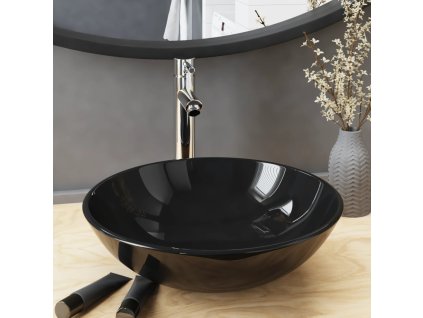 Koupelnové umyvadlo s baterií a výpustí černé tvrzené sklo 3098449