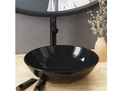 Koupelnové umyvadlo s baterií a výpustí černé tvrzené sklo 3098450