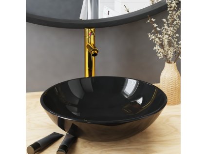 Koupelnové umyvadlo s baterií a výpustí černé tvrzené sklo 3098451