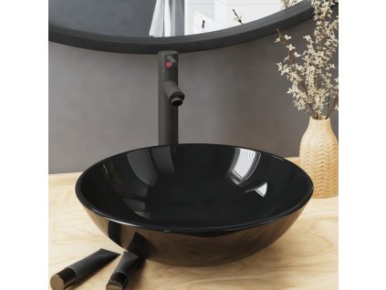 Koupelnové umyvadlo s baterií a výpustí černé tvrzené sklo 3098452