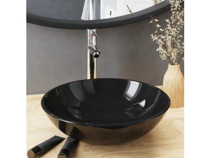 Koupelnové umyvadlo s baterií a výpustí černé tvrzené sklo 3098453