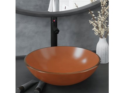 Koupelnové umyvadlo s baterií a výpustí hnědé tvrzené sklo 3098455