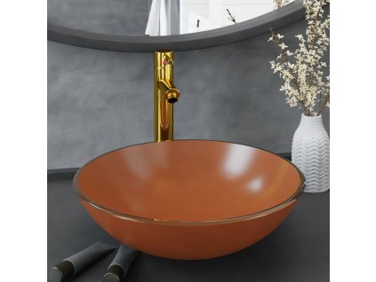 Koupelnové umyvadlo s baterií a výpustí hnědé tvrzené sklo 3098456