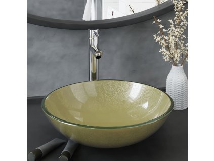 Koupelnové umyvadlo s baterií a výpustí zlaté tvrzené sklo 3098459