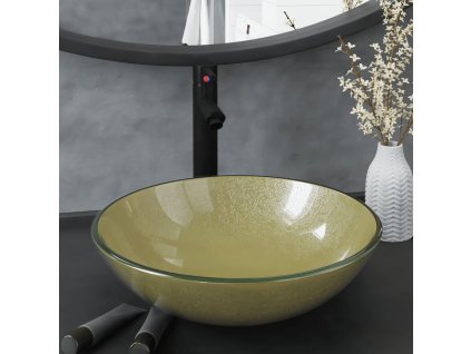 Koupelnové umyvadlo s baterií a výpustí zlaté tvrzené sklo 3098460