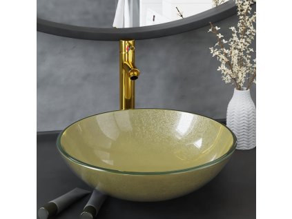 Koupelnové umyvadlo s baterií a výpustí zlaté tvrzené sklo 3098461