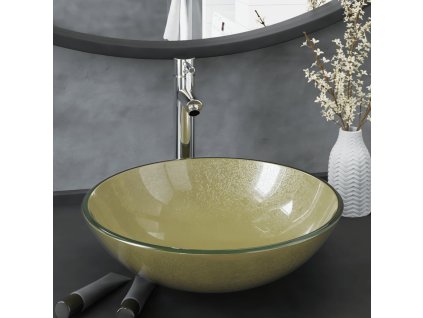 Koupelnové umyvadlo s baterií a výpustí zlaté tvrzené sklo 3098463