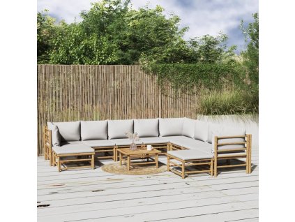 11dílná zahradní sedací souprava světle šedé podušky bambus 3155097