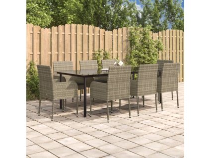 9dílný zahradní jídelní set s poduškami černý a šedý polyratan 3185165