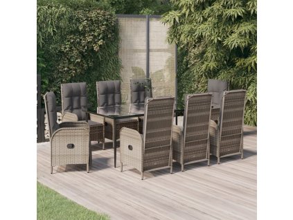 9dílný zahradní jídelní set s poduškami černý a šedý polyratan 3185186