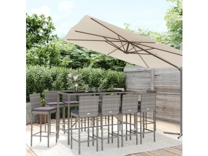 11dílný zahradní barový set s poduškami šedý polyratan 3187650