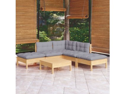 6dílná zahradní sedací souprava s šedými poduškami borovice 3096315