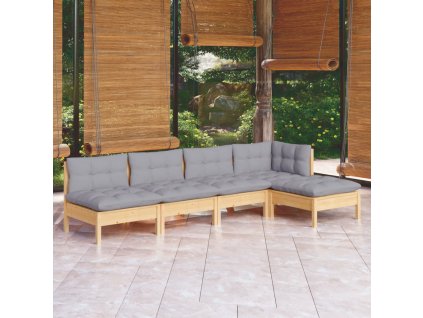 5dílná zahradní sedací souprava s šedými poduškami borovice 3096333