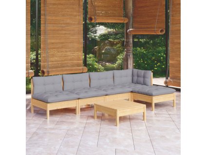 6dílná zahradní sedací souprava s šedými poduškami borovice 3096339