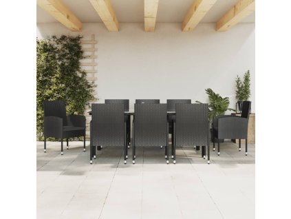 9dílný zahradní jídelní set černý polyratan a ocel 3203351