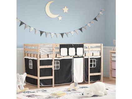 Dětská patrová postel se závěsy bílá a černá 80x200 cm borovice 3206955