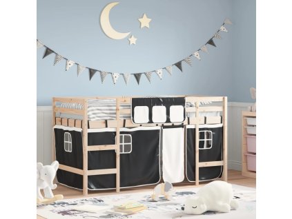 Dětská patrová postel se závěsy bílá a černá 90x190 cm borovice 3206973