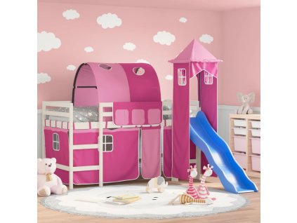 Dětská patrová postel s věží růžová 80 x 200 cm masiv borovice 3207095