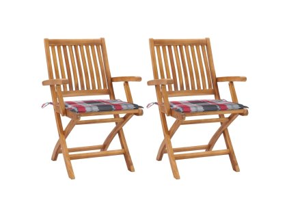 Zahradní židle 2 ks červené kárované podušky masivní teak 3062419