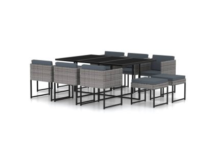 11dílný zahradní jídelní set s poduškami polyratan šedý 313101