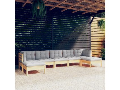 7dílná zahradní sedací souprava s šedými poduškami borovice 3097090