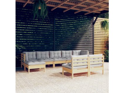 9dílná zahradní sedací souprava s šedými poduškami borovice 3097102