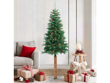 Úzký vánoční stromek pravé dřevo a šišky zelený 180 cm PVC 320958