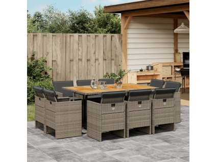 11dílný zahradní jídelní set s poduškami šedý polyratan 3210674