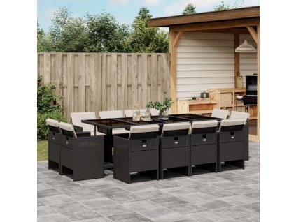 13dílný zahradní jídelní set s poduškami černý polyratan 3210678