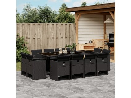 13dílný zahradní jídelní set s poduškami černý polyratan 3210679